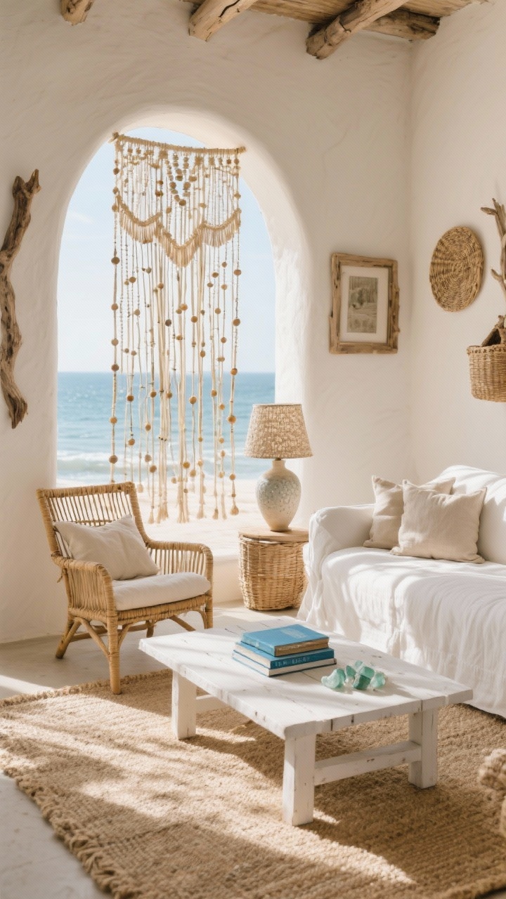 Wide shot, coastal boho living room: a natural bamboo beaded curtain hanging inside a rounded sunlit archway, beads casting soft, dappled light across a jute rug and a white slipcovered sofa; pale sand-toned walls with driftwood frames and woven baskets for texture; rattan armchair, linen throw pillows, and a ceramic table lamp with a textured shade; low whitewashed coffee table with a small stack of sea-blue books; palette of sand, white, sea glass, and driftwood; gentle breeze implied with slightly swaying beads; photorealistic, warm coastal mood, no people.
