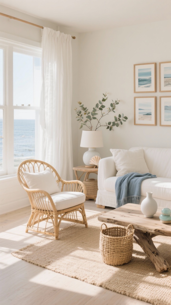 Wide shot, Coastal Calm Living Room: A sunlit living room in sandy beige with white linen curtains and a pale jute rug. A sculptural rounded rattan accent chair with a curved back and off-white linen cushion anchors the seating area next to a low-profile white slipcovered sofa. Include a driftwood coffee table, woven seagrass basket, matte white ceramic vases, narrow oak-framed coastal prints on the wall, a blue-gray throw, a shell-inspired table lamp, and eucalyptus stems. Palette of warm whites, light ash, and sea-glass accents. Bright natural daylight streaming in, airy and serene, photorealistic, no people.