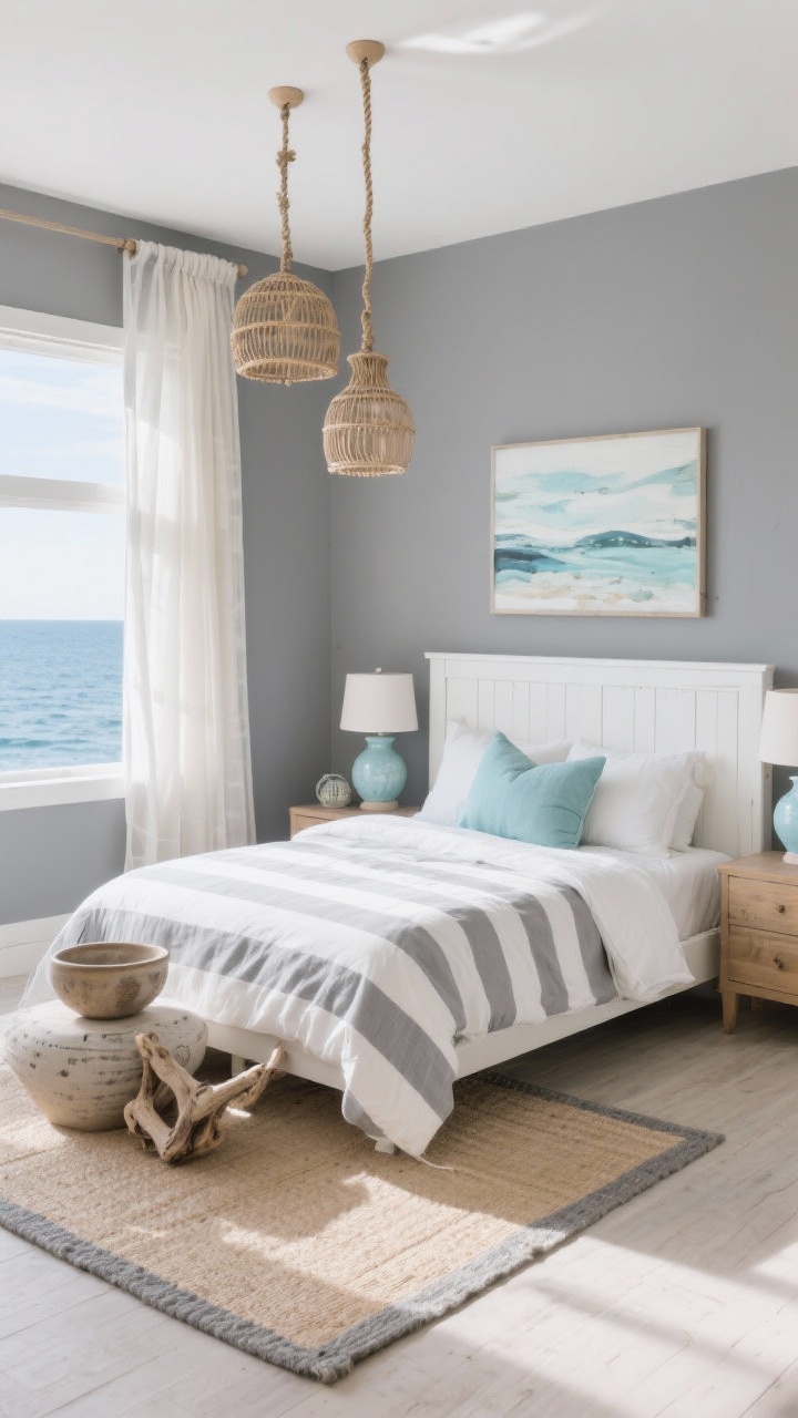 Wide shot, coastal cool retreat: storm grey walls, whitewashed wood furniture, soft white panel headboard. Layered striped duvet in grey and ivory, sea-glass blue accents in pillows and artwork, sheer drapes for beachy light. Rope or rattan pendants and pale blue ceramic table lamps, coastal abstract art, driftwood bowl, textured pottery, flatweave rug in sandy beige with grey border. Bright, airy daylight with oceanic calm, photorealistic.