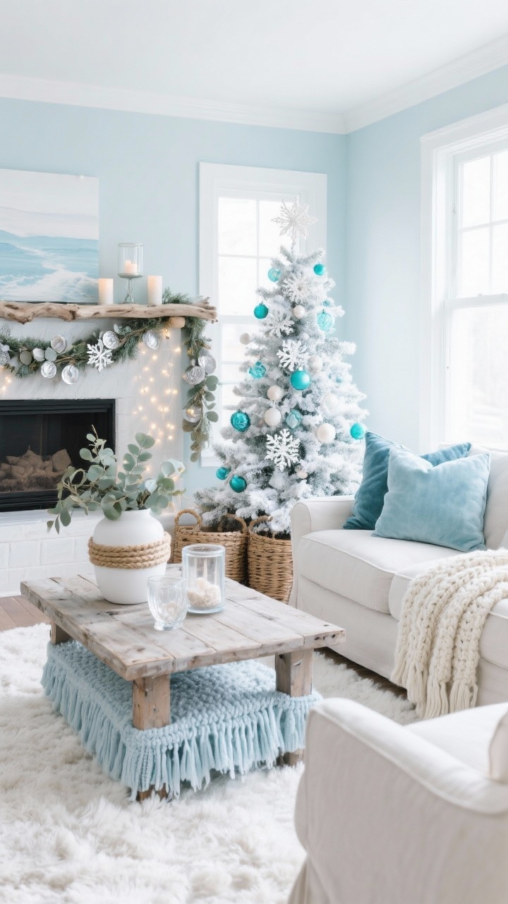 Wide shot, Coastal Frost Living Room: An airy seaside-inspired living room in powder blue, icy white, and driftwood tones. Pale linen sofa with powder blue velvet pillows and chunky cream knit throws, a fluffy white area rug, and a distressed wood coffee table styled with rope-wrapped vases. White or flocked faux fir Christmas tree decorated with matte sea-glass ornaments in aqua, baby blue, and pearl, capiz shell snowflakes, and tucked eucalyptus and silver dollar leaves. Driftwood garland across the mantle, woven baskets, glass hurricanes filled with sand and candles, warm white micro fairy lights, pale blue knit tree skirt, and glass icicle ornaments. Bright, crisp natural light; beachy, relaxed, fresh atmosphere; straight-on view capturing the whole room.