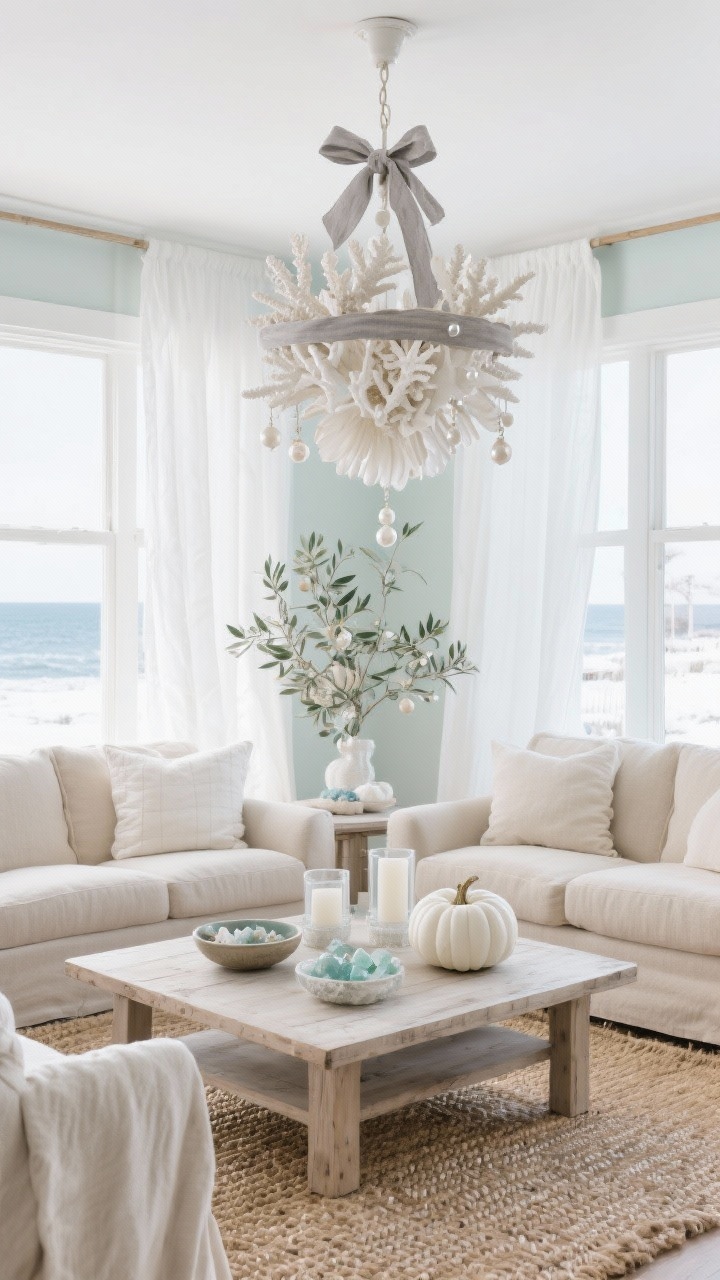 Wide shot, Coastal Snowdrift Serenity living room: capiz shell chandelier floating overhead adorned with white coral picks, pearlescent ornaments, and linen ribbons in driftwood gray; slipcovered sofas in sandy beige facing a bleached wood coffee table styled with bowls of sea glass, white pumpkins, and frosted votives; woven seagrass rug, billowy white curtains, coastal greenery like olive branches; palette sand, seafoam, pearl, driftwood gray; bright, airy seaside winter light; photorealistic, no people, straight-on coastal interior view.