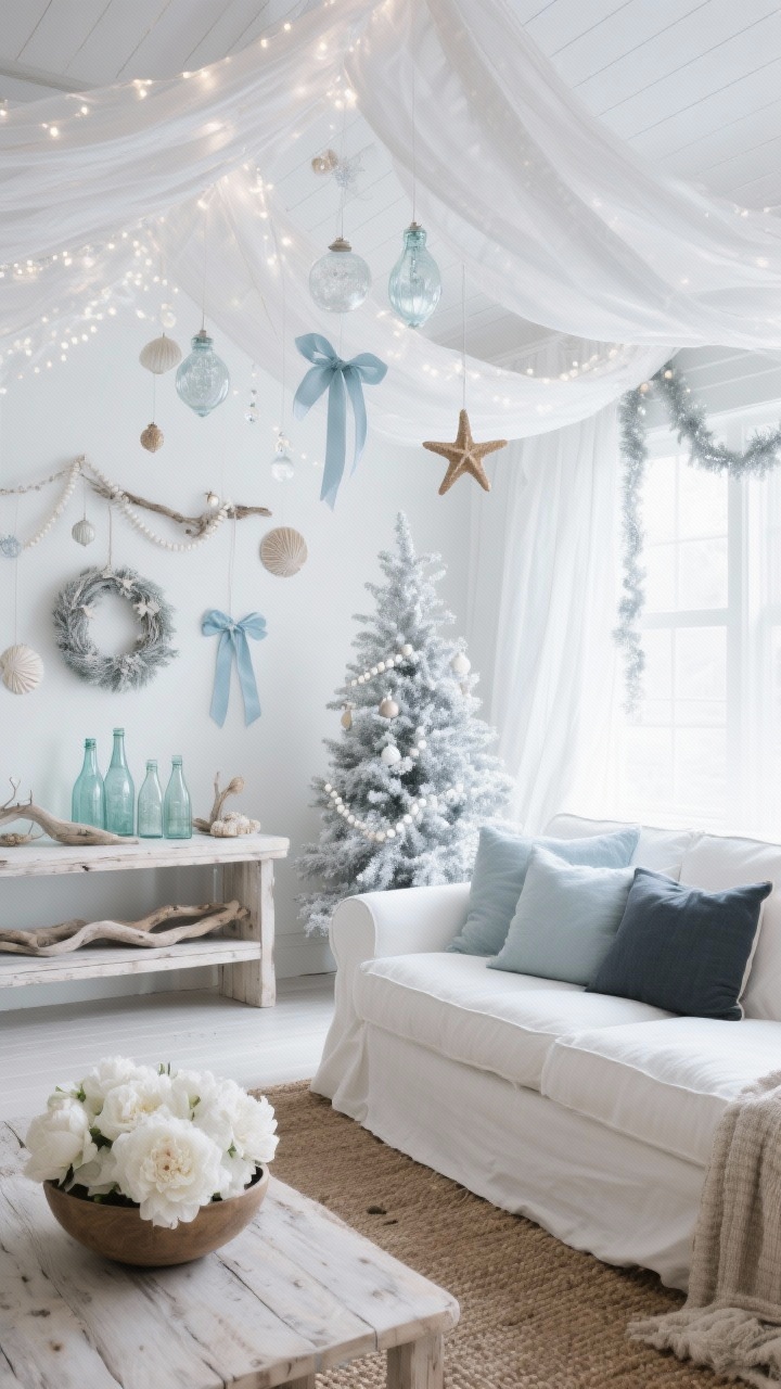 Wide shot, Coastal Winter Breeze: A light, airy living room with a crisp white slipcovered sofa, bleached wood accents, and sea-glass bottles on a console. The ceiling features gauzy white voile draped in loose waves from corner to corner, with cool-white fairy lights threaded behind the fabric for a moonlit shimmer. From the voile folds hang frosted glass ornaments, tiny shell wreaths, and delicate starfish tied with pale blue silk ribbon. A flocked tree displays silver tinsel, pearl garlands, and driftwood-style ornaments. Finish with a jute rug and linen pillows in sky and slate, plus a bowl of white peonies. Photorealistic, breezy coastal mood, soft natural daylight, straight-on.