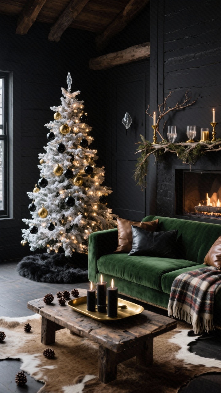 Wide shot, corner angle: A dark, cozy living room styled as an alpine luxe chalet with rich charcoal walls and a deep green velvet sofa, featuring a 9-foot flocked Christmas tree glowing with warm white micro-LEDs. The tree is decorated with faceted matte black ornaments, brushed antique gold baubles, and a few clear glass drops that sparkle like ice. At the base, a faux black shearling tree skirt. In front, a reclaimed wood coffee table holding a brass tray with black candles and scattered pinecones on a cowhide rug layered over jute. Textiles include a plaid wool throw and leather accent pillows. A mantel displays a foraged branch garland with gold candleholders and smoky glass votives. Moody, glamorous atmosphere with soft, warm lighting and deep shadows, photorealistic.