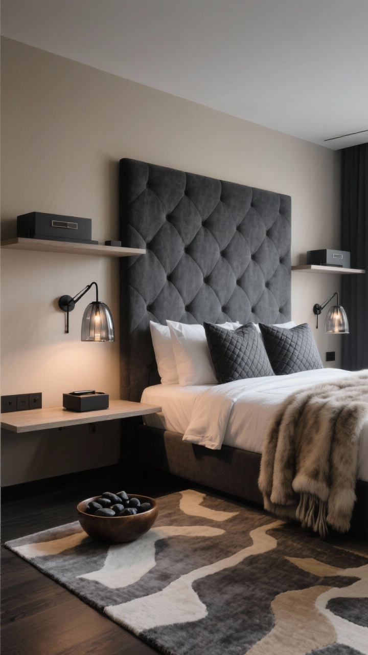 Wide shot from a corner angle, Moody Hotel Chic in Charcoal and Sand: dramatic charcoal grey accent wall behind a high tufted graphite headboard; other walls in refined sandy beige; floating shelves replacing nightstands, black metal swing-arm sconces providing tailored lighting, smoked-glass lamps on the shelves, bed dressed hotel-style with crisp white sheets, charcoal quilt, and a sand-colored duvet folded at the end; abstract rug rippling grey, beige, and ivory underfoot; a faux fur throw draped at the foot; leather catchall and a low bowl with black stones on a shelf; evening ambiance with dimmed, moody lighting, photorealistic.