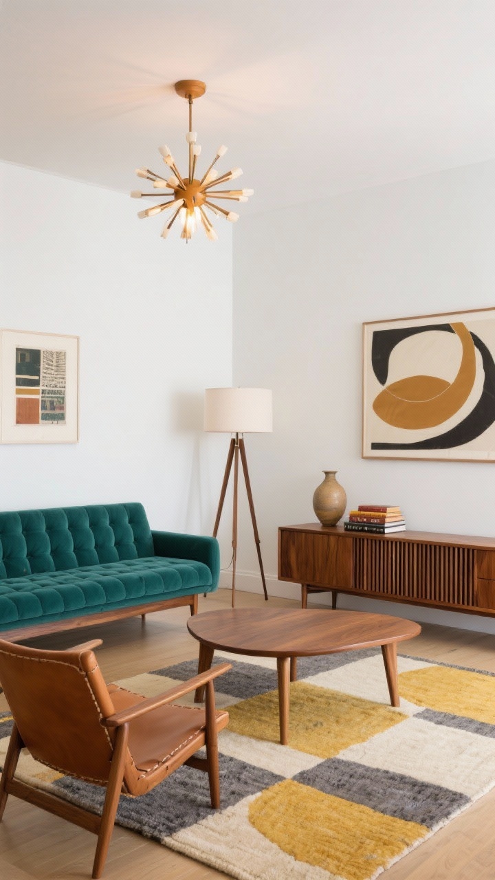 Wide shot from a slight corner: Teal-green tufted sofa with tapered wood legs against crisp white walls. Warm walnut media console and a slatted bench along one side. Kidney-shaped coffee table centered over a graphic flatweave rug in mustard, cream, and slate. Tripod floor lamp and a sputnik-style ceiling fixture providing warm, directional light. Abstract prints, ceramic table lamp, and stacked vintage books on surfaces. A leather sling chair adds texture contrast. Photorealistic mid-century modern, curated and warm.