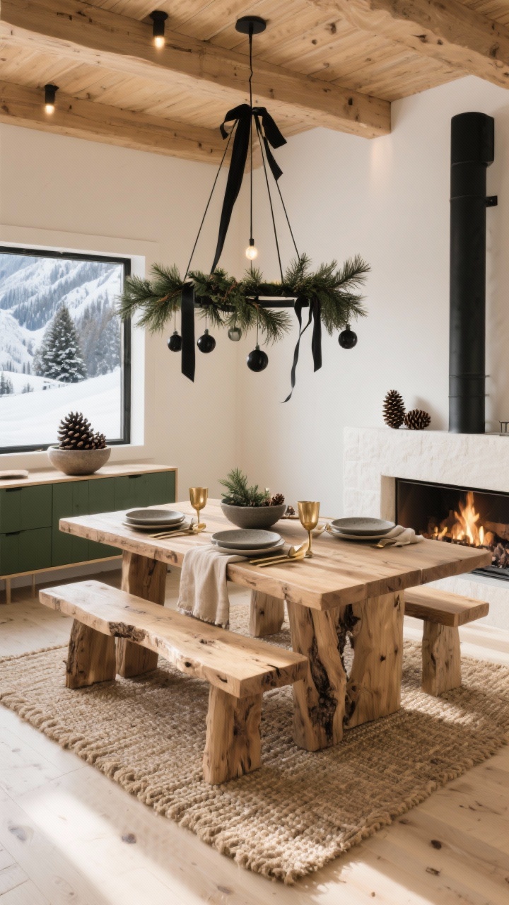 Wide shot, Modern Chalet Glow dining room: sunlit space with white oak floors and creamy plaster walls; a sleek black metal chandelier swagged with thin cedar garlands and matte black ornaments, black satin ribbon tails; chunky natural wood slab dining table set with stoneware plates, warm oatmeal linen napkins tucked with tiny pine sprigs, hammered brass flatware; woven jute rug, sideboard with oversized pinecones in a low ceramic bowl; palette of soft cream, natural wood, deep green, matte black; warm 2700K lighting for fireside glow; alpine, streamlined, après-ski vibe; photorealistic, no people, straight-on view.