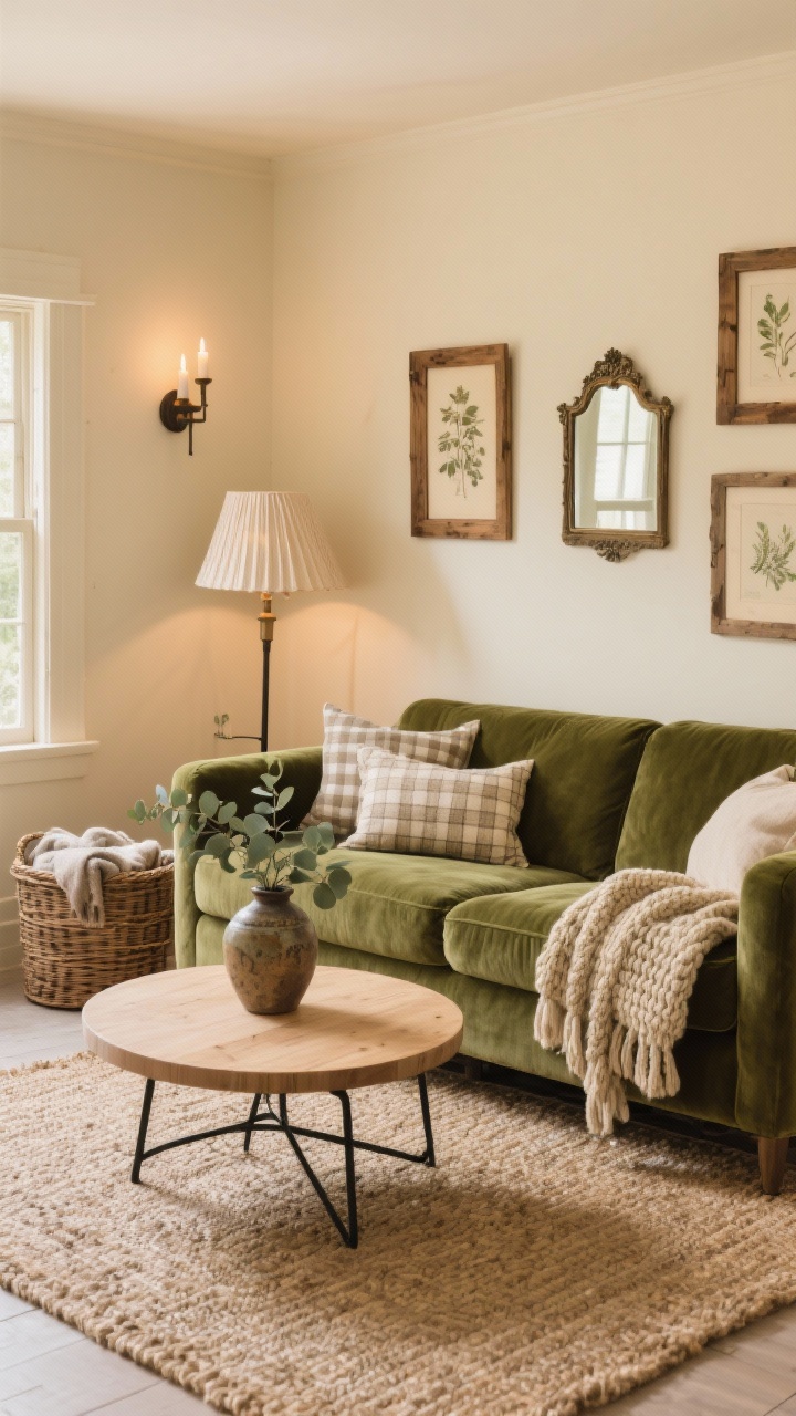 Wide shot, modern cottage living room: a plush olive velvet sofa against warm cream walls with a hint of taupe, layered with a chunky knit throw and gingham plus linen pillows. Natural jute rug underfoot, light oak rounded-edge coffee table centered. Walls feature a mix of rustic wood frames with botanical prints and a small antique mirror reflecting light. Lighting includes a pleated linen floor lamp and candle-style sconces casting a warm glow. Accents: wicker basket with blankets, vintage pottery vase holding eucalyptus. Palette: olive, cream, oat, soft black metal. Photorealistic, cozy and inviting.