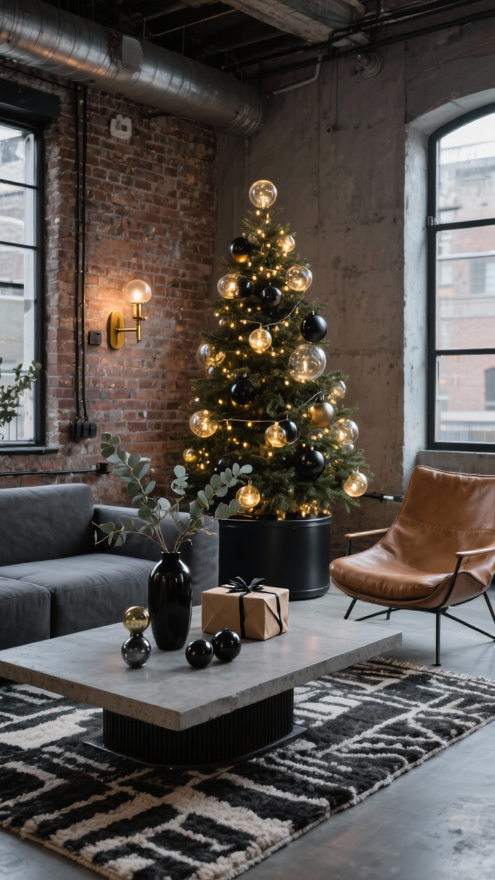 Wide shot — Modern Loft: An open industrial loft with exposed brick walls, a low charcoal sectional, and a concrete coffee table. The Christmas tree is anchored in a matte black cylindrical metal planter that hides cables and echoes black-and-brass sconces and other hardware. Add a camel leather chair and a graphic wool rug for depth. Ornaments are smoked glass, matte black, and brass spheres; oversized globe string lights create a bold, luminous statement. Eucalyptus stems in a tall black vase on the coffee table; gifts wrapped in kraft paper with black twine. Moody, evening ambient glow plus globe light sparkle, straight-on view, photorealistic.