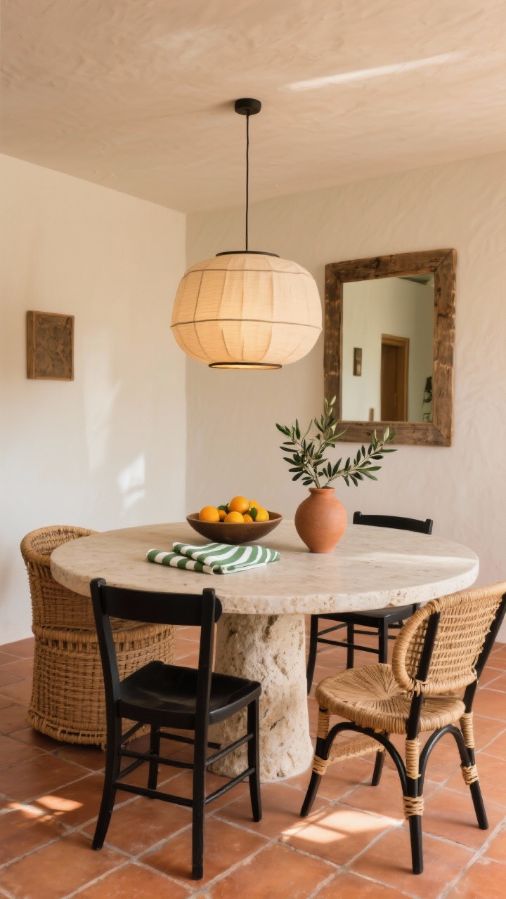 Wide shot, Modern Mediterranean Dining Zone: Terracotta tile floors and a creamy plaster wall set the scene. A round travertine pedestal dining table centered, flanked by black metal side chairs, with two rattan tub accent chairs as end chairs featuring black metal or cane-wrapped legs. Overhead, a glowing linen drum pendant. A large rustic wall mirror reflects warm light. On the table, a shallow bowl of citrus; olive branches in a clay vase and striped linen napkins as details. Accent tones of terracotta, olive green, and charcoal. Late-afternoon warm lighting, photorealistic, no people.