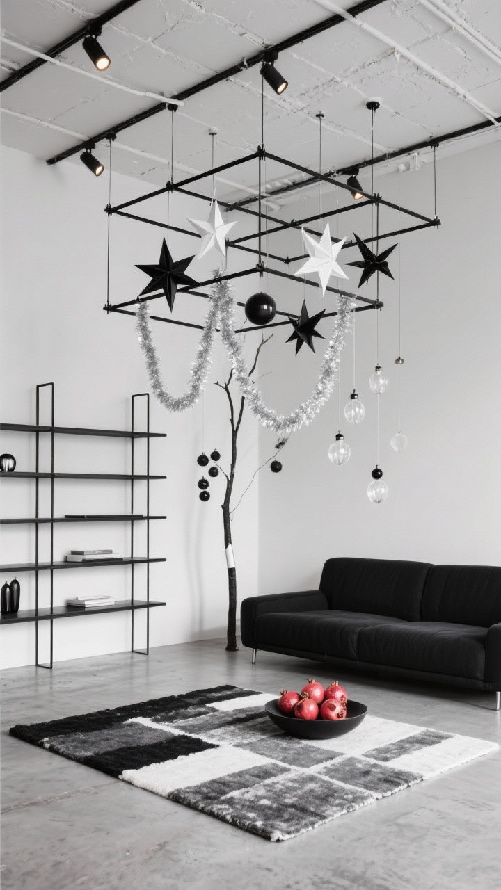 Wide shot, Modern Monochrome Loft: An airy, high-ceiling loft with a low black sectional, matte black metal shelving, and a concrete-look rug in a black, white, and charcoal palette. Suspended from small ceiling hooks, a geometric floating grid of black metal rods hangs overhead. From the grid, matte black and white ornaments, crisp origami stars, and thin strands of silver tinsel dangle in a clean, sculptural composition. Track lighting is aimed upward to wash the ceiling and make the grid glow. A skinny pencil tree stands nearby with only black-and-white baubles and clear lights; a single bowl of red pomegranates punctuates the scene. Photorealistic, graphic and sleek, corner angle.