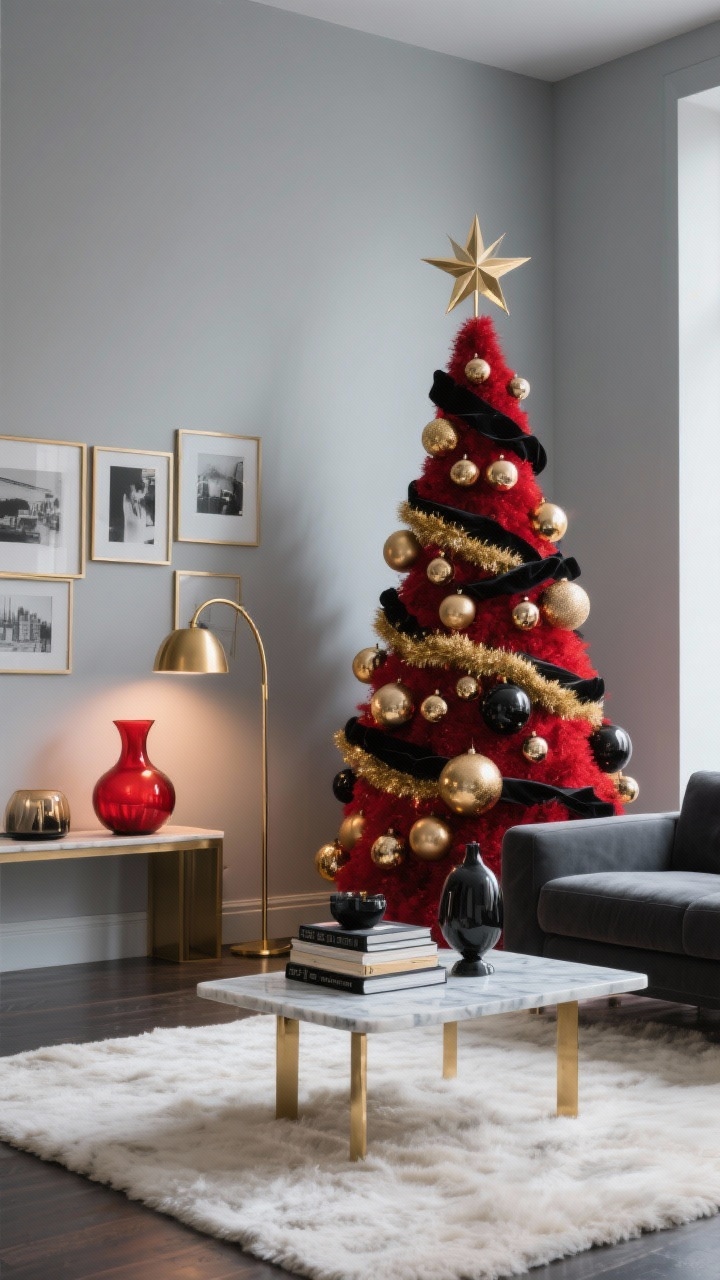 Wide shot, Modern Ruby Glam With Brass Accents: A sleek city-apartment living room with a deep ruby red Christmas tree standing against a soft dove-gray wall. Ornaments are brushed brass, smoked glass, and matte black, with oversized metallic baubles, black velvet ribbon, thin brass tinsel, and a geometric star topper. Minimal furniture: a low-profile charcoal sofa, marble-topped coffee table, and an arched brass floor lamp. A plush ivory rug grounds the space. Finishing touches include a stack of art books on the coffee table, black-and-white prints in thin brass frames on the wall, and a single red glass vase on a console. High-contrast, gallery-like vibe with evening ambient lighting reflecting off brass accents, photorealistic, straight-on view.