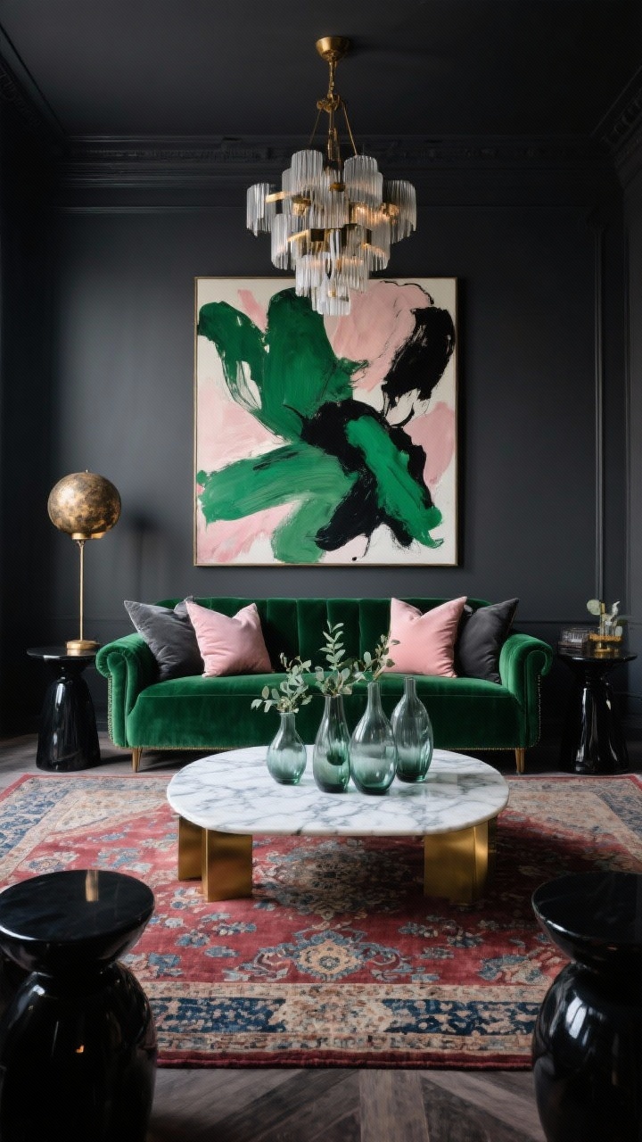 Wide shot, moody emerald glam living room: a deep emerald velvet sofa glows against charcoal walls, lit by a sculptural chandelier and an aged-brass globe floor lamp; marble-and-brass coffee table centered over a faded Persian-style rug in oxblood and navy; glossy black side tables flank the sofa; a huge abstract painting with emerald, ink, and blush hangs above; velvet and silk pillows in blush, charcoal, and tone-on-tone emerald; a cluster of smoke glass vases with eucalyptus on the coffee table; boutique-hotel drama, rich contrast, no people, photorealistic.