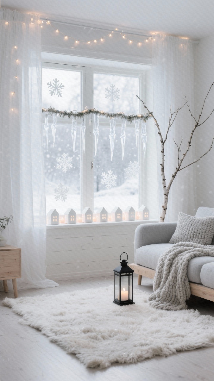Wide shot, Nordic Frost living room: floor-to-ceiling white sheer curtains slightly pooling over a nubby off-white wool rug, windows dotted with delicate frosted snowflake decals and clear glass icicles hung at staggered heights; a slim birch branch garland threaded with warm-white fairy lights spans the window frame; on the sill, a row of white ceramic house luminaires glowing with LED tea lights; light gray sofa with chunky-knit throws; bleached wood accents and a single matte black lantern to ground the palette of white, pale gray, and bleached wood; soft, calm lighting like a quiet snowfall; photorealistic, straight-on view.