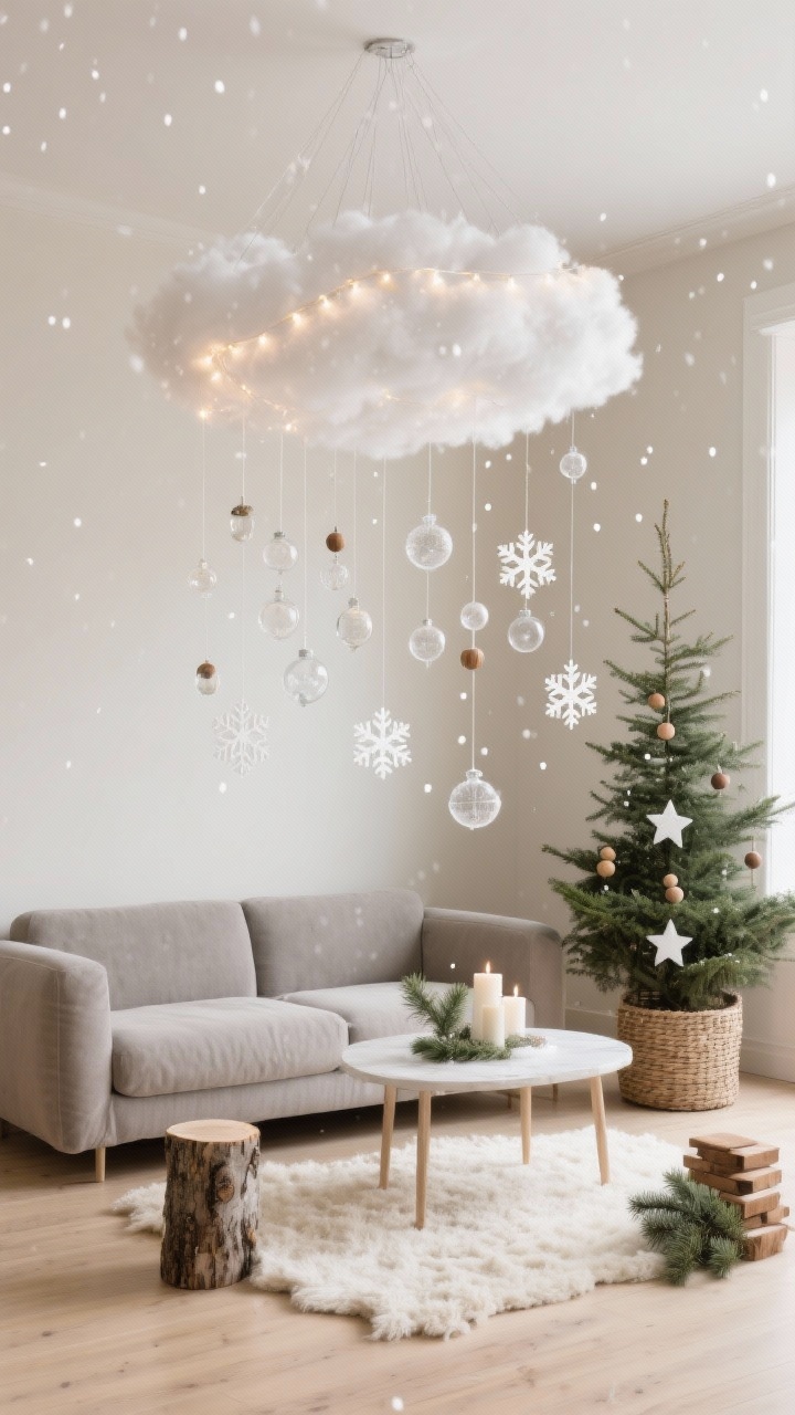 Wide shot, Nordic Snowfall Lounge: A serene minimalist living room with soft oat-colored walls, pale wood floor, and a low-profile linen sofa in warm gray. Over the coffee table, a canopy of clear fishing line suspends paper snowflakes and delicate glass baubles at staggered drop lengths from 4–18 inches, forming a cloud-like “snowfall.” Warm-white micro fairy lights are threaded through the floating snow for a soft glow. A slim fir tree in a woven basket is decorated with wood beads and white felt stars. Grounding elements include a cream wool rug, a birch log side table, and a stack of pine-scented candles. Palette: white, sand, eucalyptus green. Photorealistic, no people, cozy minimalist mood.