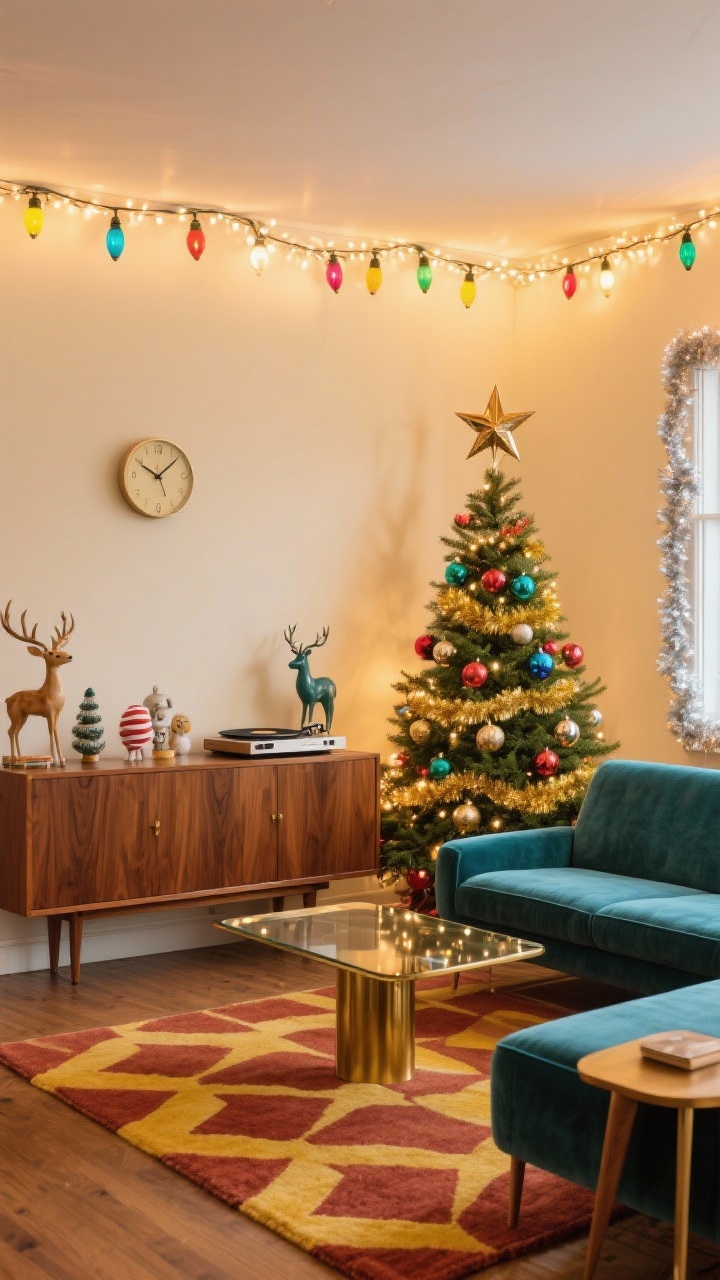 Wide shot, photorealistic: A 1960s-inspired mid-century cozy lounge in warm cream walls with sleek lines and warm wood, multicolor C9 glass bulbs with visible filaments strung along the ceiling line and wrapped around a slim aluminum-style evergreen. A walnut credenza, a low-slung teal velvet sofa, and a brass-legged coffee table sit on a geometric rug in rust and goldenrod. Shiny Brite ornaments, tinsel garland, and a star topper on the tree; decor includes a starburst clock, ceramic deer, spun-cotton figurines, and a record player spinning Bing Crosby. Lights dimmed to shimmer, reflections glinting off brass and glass, nostalgic but polished mood.