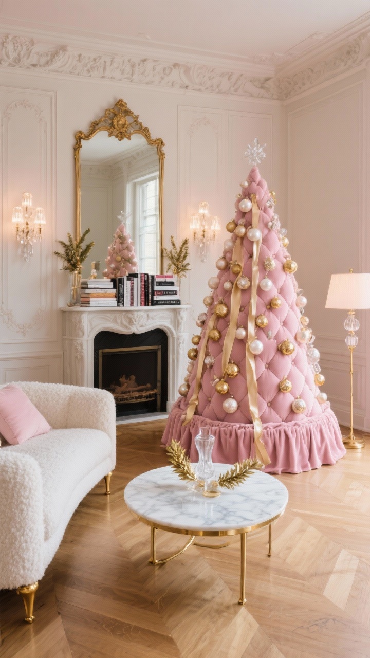 Wide shot, photorealistic: A blush & brass Parisian glam living room with creamy walls, crown molding, and parquet floors. Centered soft blush pink Christmas tree with a tufted rose quartz velvet tree skirt. Ornaments in champagne, pearl, and antique gold with long satin ribbon tails cascading, clear glass baubles catching light, and gilded laurel picks adding height. Ivory bouclé sofa with brass-capped legs, oval marble coffee table with slender brass frame styled with a French-inspired mantel mirror above the fireplace and a stack of fashion books. Crystal sconce pairs on the walls and a low-brass floor lamp emit warm, elegant lighting. Tight palette: blush, ivory, brass. Elegant Paris apartment holiday mood, no people.