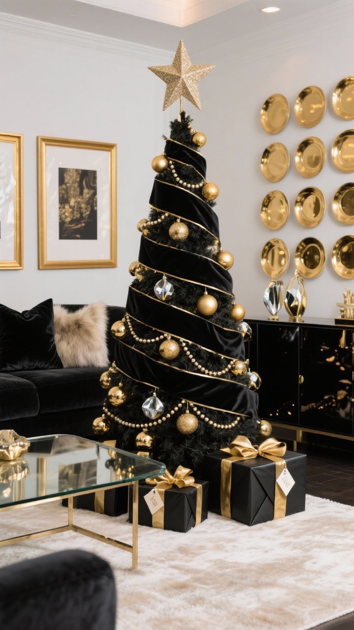 Wide shot, photorealistic: A glam black-and-gold luxe living room with a sleek pencil Christmas tree wrapped in black velvet ribbon and trimmed with gold ball ornaments, faceted gem drops, metallic bead garland, and a few mirrored ornaments; topped with a glitter star. A glass coffee table sits on a pale rug; a glossy black sideboard anchors the wall with two gold-framed prints above. A grid of gold charger plates creates statement wall art. Velvet accent pillows and a faux fur throw add texture. Under the tree, black gift wrap boxes with gold bows and custom tags. Colors: black, gold, champagne, soft white. Lighting: dramatic, reflective highlights for sparkle, evening ambiance. Angle: straight-on wide view to emphasize polish and symmetry.