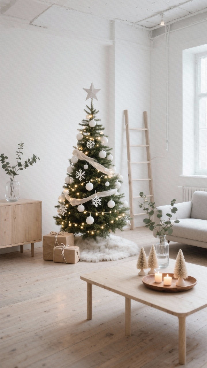 Wide shot, photorealistic: A Nordic minimalist loft corner with white walls, pale wood floors, and a slim faux Christmas tree wrapped in warm white LED fairy lights. The tree is decorated only with white ceramic ball ornaments, clear acrylic snowflake ornaments, and a soft linen ribbon, topped with a minimalist paper star. A faux fur rug serves as the tree skirt; kraft paper–wrapped gifts tied with cotton string are tucked beneath. Nearby, a low-profile sofa faces a pale wood sideboard and a simple ladder shelf. On a pale wood coffee table, a wood tray holds flameless tea lights and three neutral mini bottlebrush trees. A clear glass vase with eucalyptus adds a fresh Scandinavian touch. Colors: white, sand, soft gray, light wood. Lighting is soft, warm, emphasizing negative space and glow. Angle: straight-on, wide room view.