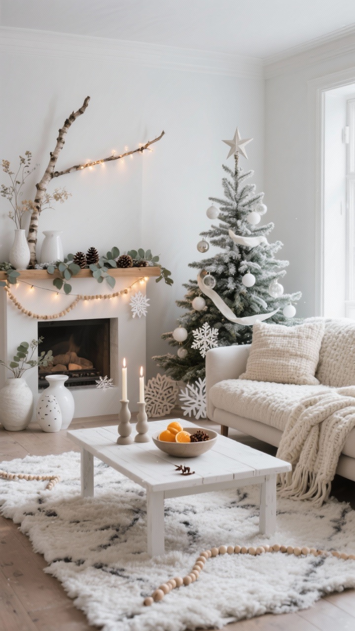 Wide shot, photorealistic: A Nordic Snowfall lounge living room in soft white, warm taupe, and pale gray with natural wood accents. Creamy boucle sofa with chunky knit throws and linen pillows in oatmeal and dove. Slim Christmas tree with frosted branches, white ceramic ornaments, matte glass balls, paper snowflakes, linen ribbon, and a minimal star topper; thick wool rug underfoot. A white-washed coffee table holds taper candles in matte ceramic holders and a low bowl of citrus with cloves. Above the mantel, a birch branch threaded with warm fairy lights; mantel dressed with eucalyptus garland, dried lunaria, and pinecones. Accents include white stoneware vases and pale wood bead garlands. Soft, warm ambient lighting; wintery, quiet, minimal Scandinavian aesthetic. Shot from a corner angle to capture the full room.