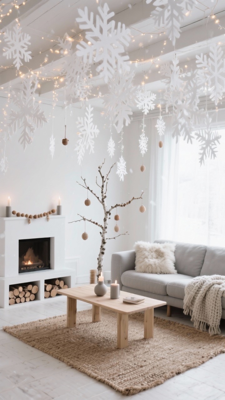 Wide shot, photorealistic: A serene Scandinavian living room under a ceiling of frosted white paper snowflakes cascading at varied lengths from exposed beams, tiny warm-white micro lights woven through the snowflakes for a soft snowfall glow. Palette of white, soft gray, and natural wood with a pale oak coffee table on a woven jute rug, shearling pillows and chunky knit throws on a light gray sofa, birch logs by a minimalist fireplace, candles in matte ceramic holders on the mantle. A sparse Scandinavian tree with wooden bead garland and paper ornaments. Soft, diffuse winter daylight, calm and airy mood, straight-on view.