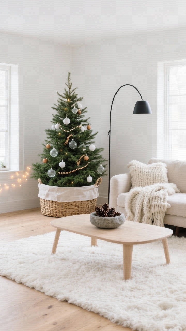 Wide shot — Scandinavian Sanctuary: A calm, airy living room with white walls, pale oak floors, and a plush ivory rug. Center a full Christmas tree seated snugly in a large woven seagrass basket with a linen tree skirt subtly tucked inside the basket edge. Style a low-profile light wood coffee table with a stone bowl of pinecones; a black metal arc floor lamp hovers over an oatmeal-colored linen sofa. Palette accents in sage, cream, and matte black. Ornaments are matte white, frosted glass, and wood beads; warm micro LED lights give a gentle glow. Add a chunky knit throw and a faux-sheepskin draped over an accent chair. Soft natural daytime light, straight-on view, photorealistic.