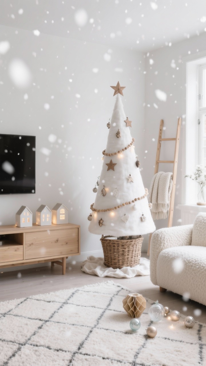 Wide shot, Scandinavian Snowfall Living Room: A calm, airy living room with a slim Christmas tree tucked into a woven basket stand and a softly puddled linen tree skirt. The tree is decorated in matte white, soft taupe, and natural wood accents: tiny birch ornaments, paper stars, minimal wood bead garland draped lightly, a few frosted glass baubles, and paper honeycomb ornaments. Warm-white micro LED lights create a snowfall effect. Room features a light oak media console with a trio of glowing ceramic village houses, a cream boucle sofa, and a pale wool rug with a faint diamond pattern. A pale oak ladder holds folded knit throws. Bright natural daylight, uncluttered styling, neutral palette, photorealistic.