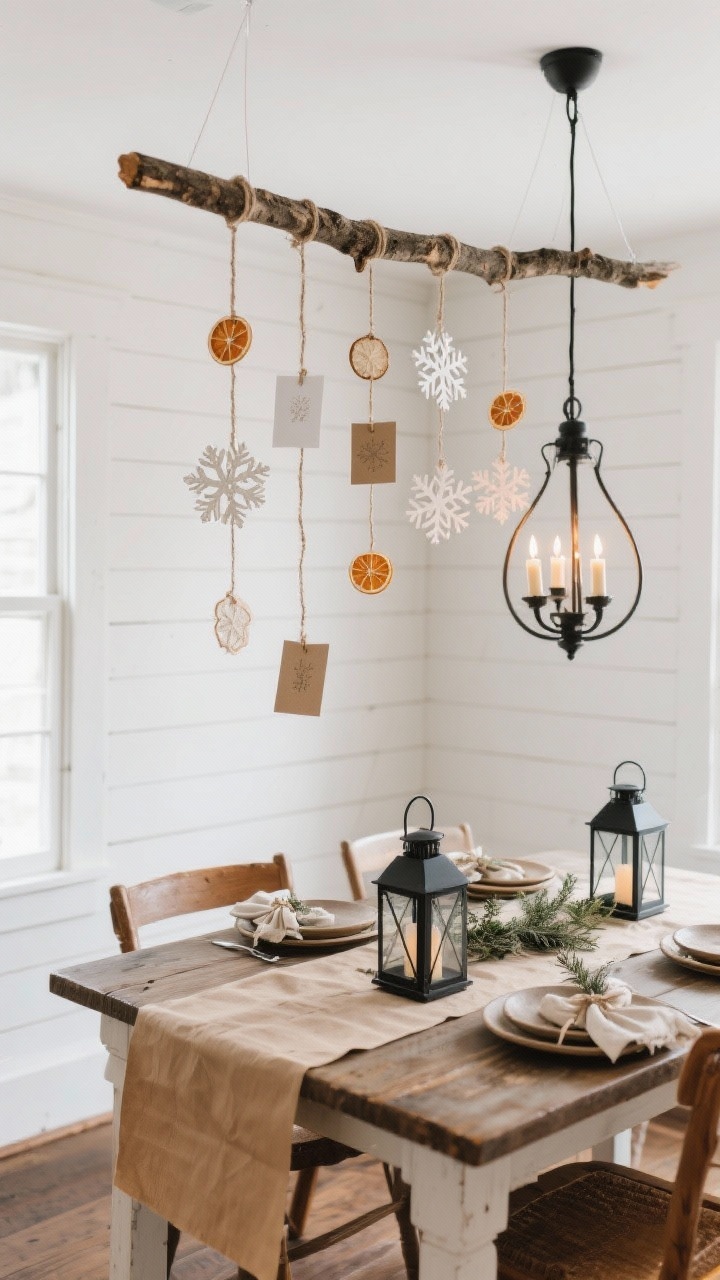 Wide shot, slight overhead corner angle: A rustic dining room with white shiplap walls and a farmhouse table beneath a floating branch mobile. A smooth, weathered branch hangs horizontally from the ceiling on clear fishing line. Varying lengths of jute twine suspend holiday cards at different heights, mixed with paper snowflakes and dried orange slices for texture. Palette of soft white, natural tan, and cinnamon. Table styled with a kraft paper runner, stoneware plates, linen napkins tied with small sprigs, and black metal lanterns. Simple black chandelier dimmed low with candle clusters for warm, handmade, heartfelt ambiance. Photorealistic, no people.