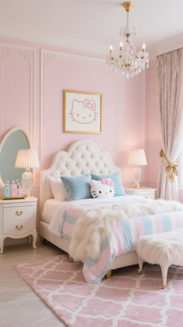 Wide shot — Soft Parisian Pastel Suite: A photorealistic Parisian-inspired Hello Kitty bedroom with muted blush-pink walls featuring delicate molding and faux wainscoting, a tufted ivory upholstered bed centered between scalloped nightstands with brushed gold pulls, pastel-striped Hello Kitty bedding layered with ivory faux fur throws and powder-blue velvet Euro shams, a gold-framed Hello Kitty silhouette art print above the headboard, a petite crystal chandelier overhead and fluted glass bedside lamps casting a soft glow, a French-style vanity with a curved mirror holding a Hello Kitty vanity tray and pastel perfume bottles, an ivory-and-blush Moroccan trellis rug, and creamy linen drapes with subtle bow-tie holdbacks; textures of velvet, faux fur, and brushed metal highlighted; airy, elegant mood.