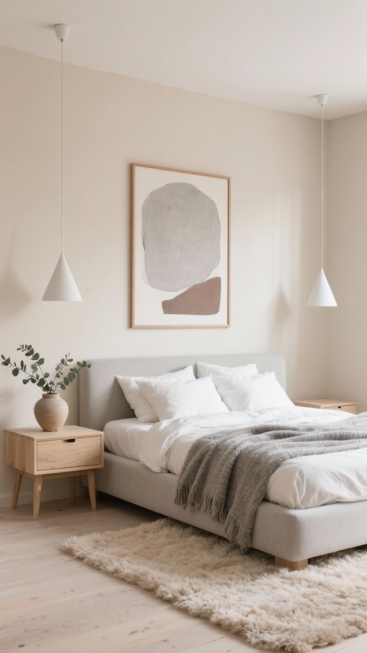 Wide shot, Soft Scandinavian Cocoon: a serene bedroom with warm beige walls with a hint of cream, a low-profile light grey upholstered platform bed centered between pale oak nightstands, cone-shaped matte white pendants floating above each nightstand, stone-colored linen duvet with a chunky grey wool throw and layers of crisp white pillows, a plush beige shag rug under the bed, one overscale abstract artwork in tonal greys and taupes in a thin oak frame above the headboard, and a ceramic vase with eucalyptus on one nightstand; soft natural morning light, minimal clutter, airy Scandinavian calm, photorealistic.