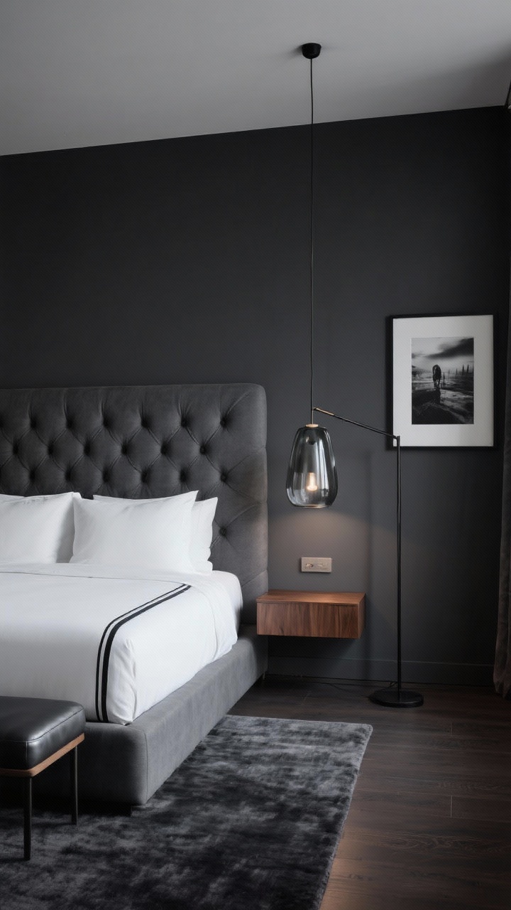 Wide shot, straight-on: A modern moody hotel-style bedroom with charcoal walls and a full-width oversized statement headboard behind a low-profile upholstered graphite platform bed; crisp white bedding with black piping, a floating walnut nightstand on one side with a smoky glass pendant hanging asymmetrically above it, a slim black metal floor lamp on the other, framed black-and-white photography, a hand-tufted dark grey wool rug underfoot, and a slim leather bench at the foot of the bed; palette of charcoal, graphite, walnut, white, and black; soft evening lighting that’s calm and polished, photorealistic.