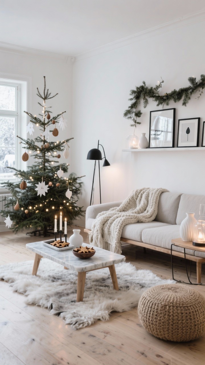 Wide shot, straight-on: A Nordic Snowfall Living Room with pale oak floors, white walls, and a low-profile natural linen sofa layered with chunky knit throws; color palette of white, soft gray, and natural wood with matte black accents. Tall sparse fir tree trimmed with paper ornaments, wood beads, and warm white micro-lights near a window; reflections of the tree lights glowing in the glass. Light wood coffee table styled with a marble tray holding taper candles and a small bowl of star-shaped ginger cookies; simple black metal floor lamp; woven jute poufs. Sheepskin rug draped over a bench, ribbed white ceramics, frosted glass votives; eucalyptus garland over a floating shelf with black-framed Scandi prints. Dim ambient lighting, warm tree lights as primary glow, photorealistic, no people.