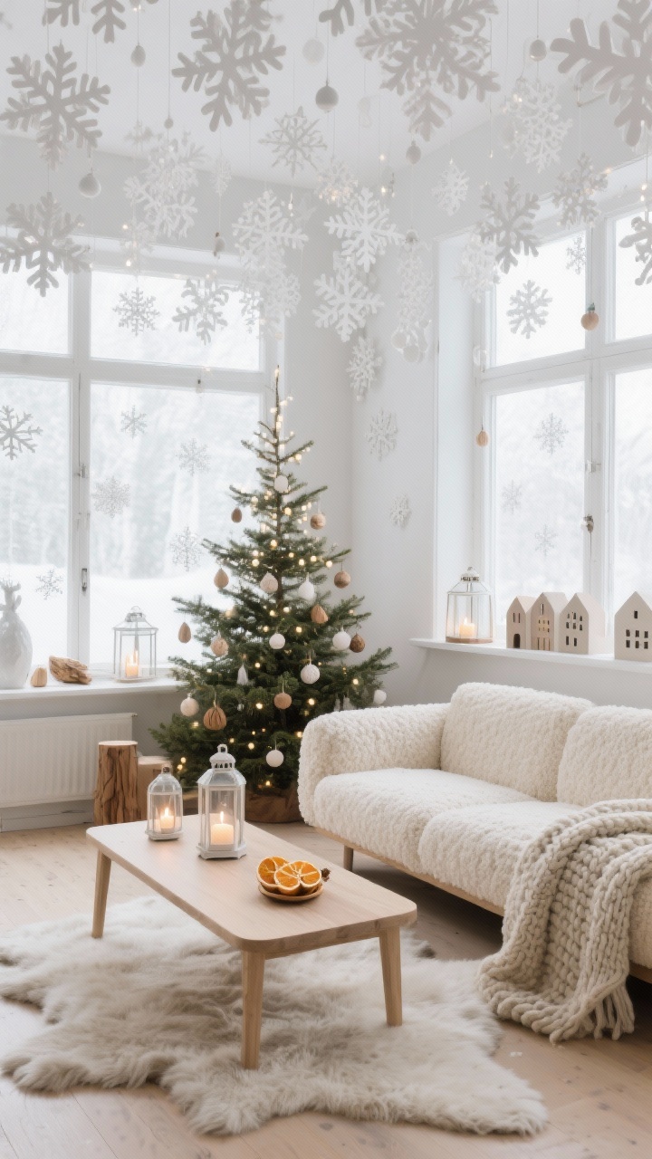 Wide shot, straight-on: A serene Scandinavian lounge with large windows covered in matte white snowflake decals cascading densely at the top and sparsely toward the bottom, soft daylight filtering through. A creamy boucle low-profile sofa with a chunky knit throw sits before a pale oak coffee table; a sheepskin rug underfoot. Minimal Christmas tree with warm white lights, wood ornaments, and dried orange slices. On the windowsill, a ceramic village and clear glass lanterns with tea lights. Color palette of snow white, fog grey, oat, and blonde wood; calm, airy, Nordic mood; photorealistic.