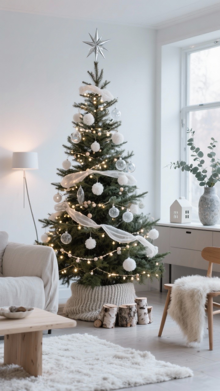 Wide shot, straight-on: A tall, slender spruce Christmas tree in a bright, airy Nordic living room, wrapped in warm-white micro lights glowing like snow at dusk. Minimal ornaments in matte white, frosted glass, pale birch wood beads, and clear baubles with faux frost. Thin metal star topper in brushed silver, white wool pom-pom garland with slim linen ribbon. Chunky knit tree skirt; a few low birch logs by the base. Positioned beside a linen slipcovered sofa, pale wood coffee table on a fluffy ivory rug; a simple oak chair with a draped sheepskin throw. Ceramic house decor on a console and eucalyptus in a stone vase in the background. Cool, quiet palette with brushed nickel accents; soft evening light, photorealistic, no people.