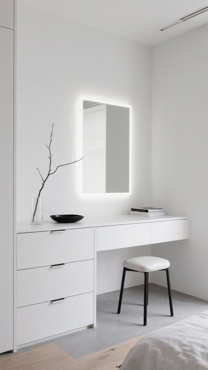 Wide shot, straight-on: Minimalist monochrome bedroom wall-to-wall built-in vanity. A matte white, handleless built-in with push-to-open drawers creates a seamless line. Above, a frameless rectangular mirror with integrated LED backlighting emitting a soft halo. Surface is nearly empty: a black ceramic tray, a tall branch in a clear glass cylinder, and a small stack of design books. A slim black metal stool with a white leather seat tucks under perfectly. Palette of white, soft gray, and matte black. Flooring in pale concrete-look tile or light ash wood. Gallery-like, ultra-clean ambiance.