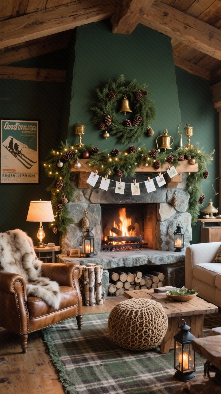 Wide shot, straight-on view: A cozy Alpine lodge living room centered on a stone fireplace with a thick evergreen garland draped across the mantel, studded with pinecones, antique brass bells, and tiny twinkle lights. Holiday cards are clipped along the garland with antique brass mini clips, cascading at varied heights like ornaments. Palette of deep forest green, cream, and warm cedar. Include a leather club chair with a faux fur throw, a rustic wood coffee table, woven pouf, birch log bundle by the hearth, iron lanterns on the floor, a subtle plaid rug, and a vintage ski poster on the wall. Warm Edison bulb table lamp in the corner plus firelight glow for intimate, nostalgic ambiance. Photorealistic, no people.