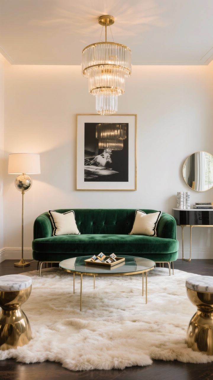 Wide shot, straight-on view: A luxe emerald velvet sofa with a low, structured profile and thin metal legs against warm white walls, glowing ambient lighting. Brushed brass coffee table with a smoked glass top at center, flanked by sculptural side tables. Cream high-pile rug underfoot like clouds. Oversized black-and-white photography with thin brass frames on the wall. Globe floor lamp and a tiered chandelier with glass rods casting warm reflections. Accents include velvet cushions in cream with black piping, a marble tray with geometric coasters, mirrored decor on a sleek console, and marble bookends. Photorealistic, polished boutique-hotel glam mood.