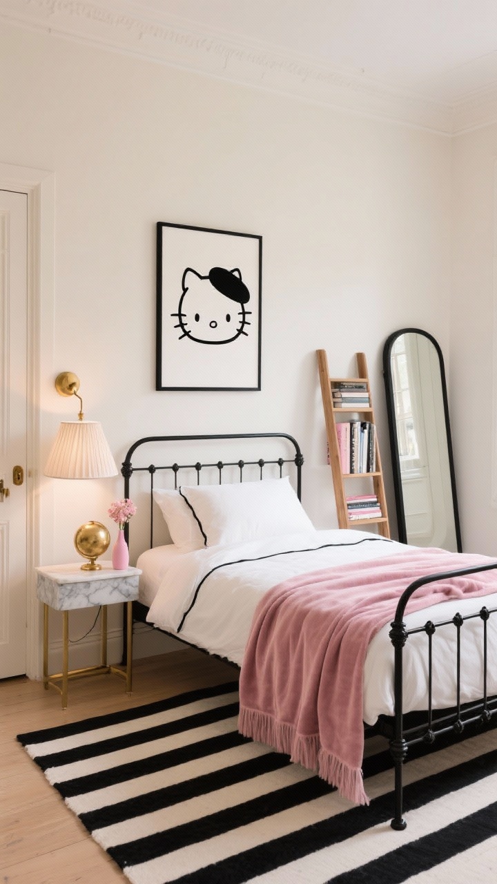 Wide shot, straight-on view: A minimalist Parisian-inspired Hello Kitty bedroom with soft cream walls, a matte black wrought-iron bed, crisp white bedding edged with delicate black piping, and a single ballet-pink velvet throw. On the wall, framed black-ink line drawings of Hello Kitty wearing a beret; a slender black-framed full-length mirror leans nearby. Lighting includes a pleated linen lampshade on a marble-topped petite side table and a brass globe sconce near a closet door. An ash-wood ladder shelf holds curated books and a tiny pink bud vase. A black-and-white striped rug anchors the floor. Palette: cream, black, soft ballet pink, brushed brass. Photorealistic, warm romantic lighting, calm chic mood.