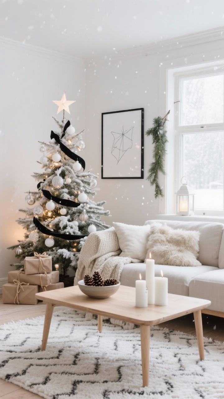 Wide shot, straight-on view: A serene Nordic-inspired living room in soft whites, warm wood, and matte black accents. A flocked Christmas tree with white glass baubles, pale birch ornaments, and thin black velvet ribbon glows with warm, delicate lights. An oatmeal linen-blend sofa with oversized knit throws and sheepskin pillows sits on a low-pile wool rug with a faint chevron. A light oak coffee table holds a shallow ceramic bowl of pinecones and a cluster of matte white pillar candles. Minimalist line drawings in black frames hang above, with a single strand of greenery draped across one frame. A paper star lantern glows in the window; simple white kraft-paper gifts tied with twine are stacked neatly. Clean lines, airy, quiet snowfall mood, photorealistic, soft natural winter light.