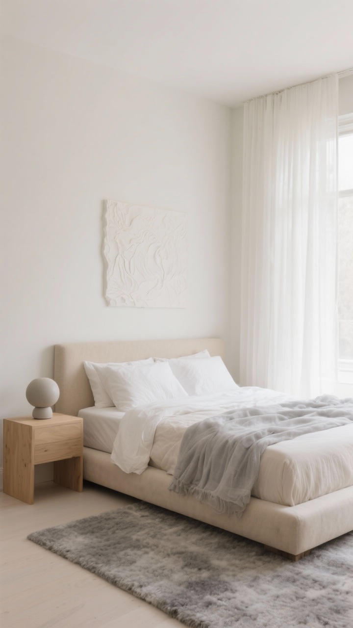 Wide shot, straight-on view: A soft minimalism bedroom wrapped in warm white—matte ivory walls, sheer linen curtains filtering daylight, and a low-profile platform bed upholstered in oatmeal. The bed is dressed in layered textures of tone-on-tone neutrals: crisp percale sheets, a gauzy coverlet, and a lofty cloud-gray duvet. A pale oak nightstand holds a spherical matte ceramic lamp; a plush wool rug in cloud gray grounds the space. Above the headboard, a subtle plaster relief replaces heavy art. Photorealistic, airy, quiet, and serene.