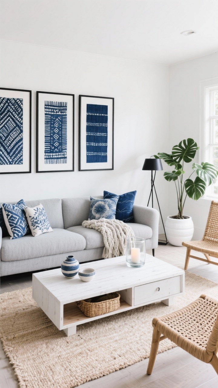 Wide shot, straight-on view of a modern coastal living room: a low-profile light-gray sofa with oversized indigo adire pillows in varied motifs and a chunky knit throw draped over the armrest; above the sofa, three framed indigo adire textile panels aligned in a gallery effect; white walls, white oak coffee table styled with coastal ceramics and a clear glass hurricane candle; matte-black metal floor lamp; rattan accent chair; woven seagrass basket; pale jute rug grounding the space; streamlined media console; a large monstera in a white pot; color palette of misty gray, crisp white, inky indigo, and black accents; bright natural daylight for an airy, breezy beach-house vibe; photorealistic.