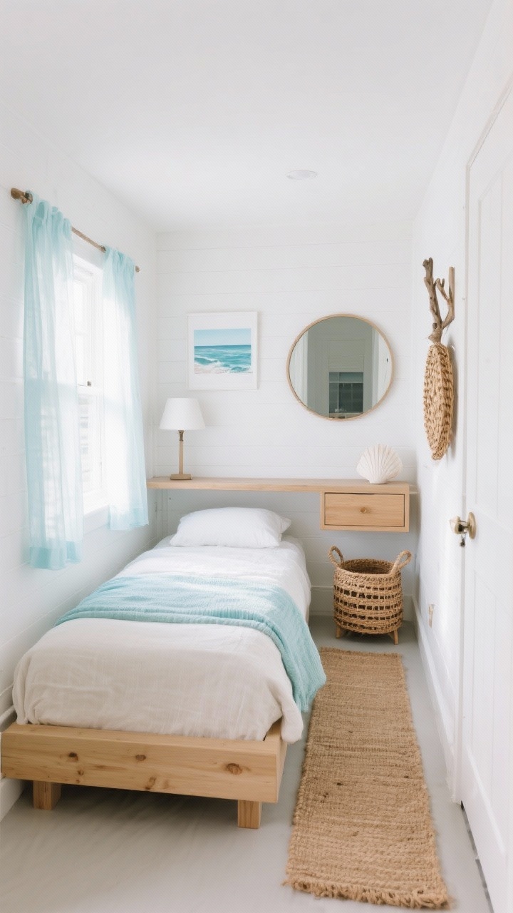 Wide shot, straight-on view of a tiny “Coastal Capsule” guest bedroom: crisp white walls, low-profile light oak platform bed with a soft linen headboard in sea-glass blue accents, airy sheer curtains filtering daylight, a slim console shelf beneath a round mirror replacing a dresser, woven textures throughout—basket side table, rattan wall hooks by the door, and a long jute runner visually stretching the narrow room. Palette of white, sea-glass blue, driftwood, and warm sand; include a small ocean-inspired print on the wall and a shell-white ceramic lamp on the console. Photorealistic, bright natural coastal light.