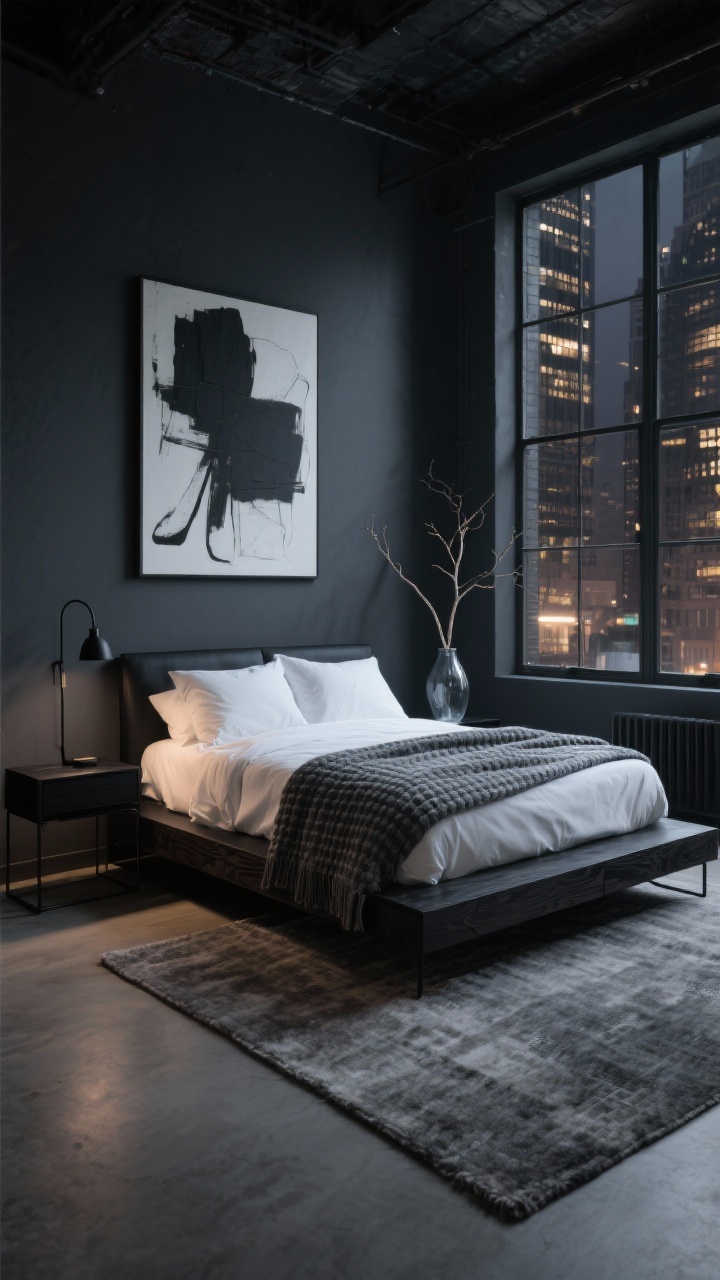 Wide shot, urban loft luxe bedroom at night: deep charcoal grey walls absorb ambient city glow through large industrial windows, low-profile platform bed in black-stained oak with crisp white linen bedding and a graphite waffle throw, black steel nightstands, matte black swing-arm sconces, a large abstract monochrome canvas over the bed, hand-tied ash grey wool rug underfoot; minimal decor with a smoky glass vase holding a single branch; high-contrast, moody lighting, photorealistic.