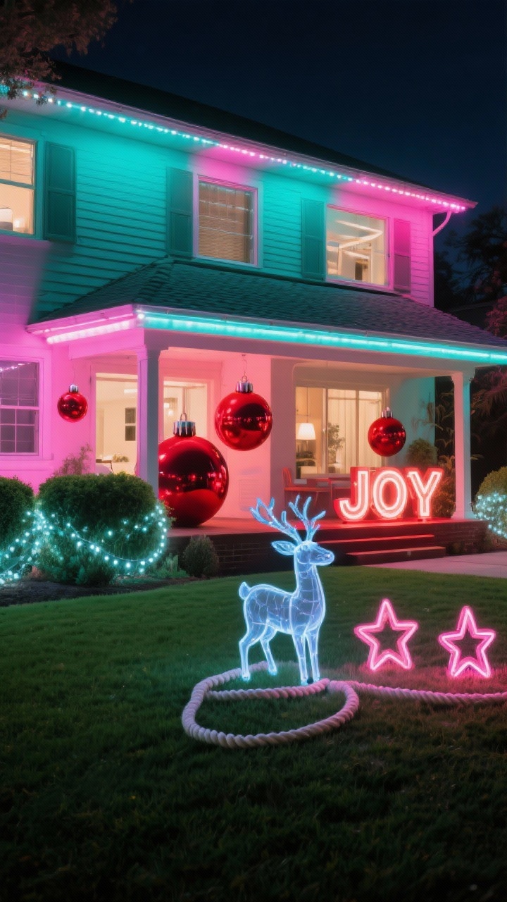 Wide, slightly angled nighttime lawn and facade shot with retro neon cheer: RGB smart lights outlining roofline and windows cycling gently through teal, pink, and cherry red; porch styled with giant glossy bulb ornaments and a light-up marquee sign reading JOY; yard featuring glowing acrylic reindeer and neon-look rope stars synced to the same color palette; bushes wrapped in cool-white net lights to anchor the scene; photorealistic, mid-century-meets-modern vibe with smooth color fades, not flashing.