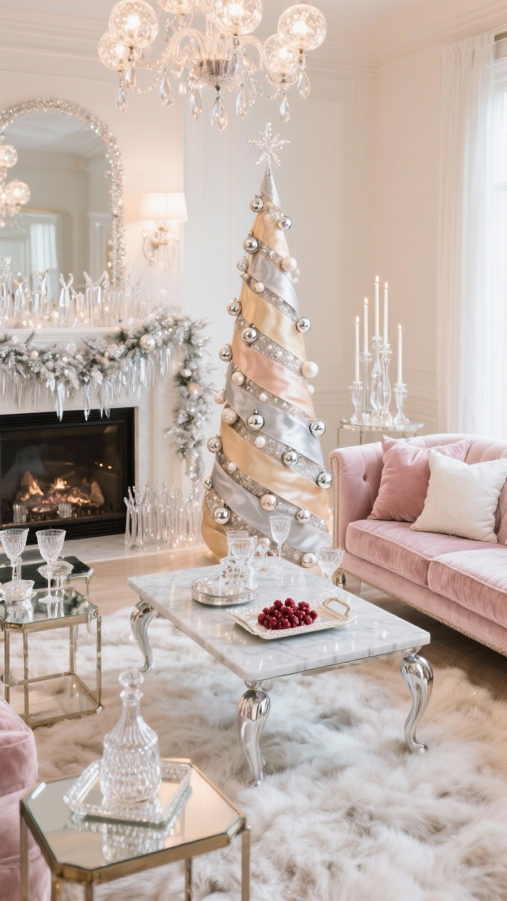 Wide, slightly elevated angle for glam sparkle: A luminous, glamorous living room in champagne, soft blush, silver, and icy white. A slender pencil tree wrapped in ombré ribbon from champagne to silver, adorned with mercury glass ornaments, mirrored drops, pearl tones, and a crystal tree topper. A glass or marble coffee table with polished chrome legs sits over a plush faux fur rug; glamorous nesting tables add shine. The mantel features a frosted garland with silver picks, glass icicles, and tall crystal candlesticks. A sofa styled with velvet and satin pillows in blush and ivory. A mirrored tray creates a chic bar moment with coupe glasses, a cut-glass decanter, and sugared cranberries. Statement chandelier or clustered globe pendants cast cool, sparkling light. Photorealistic, party-ready glow.