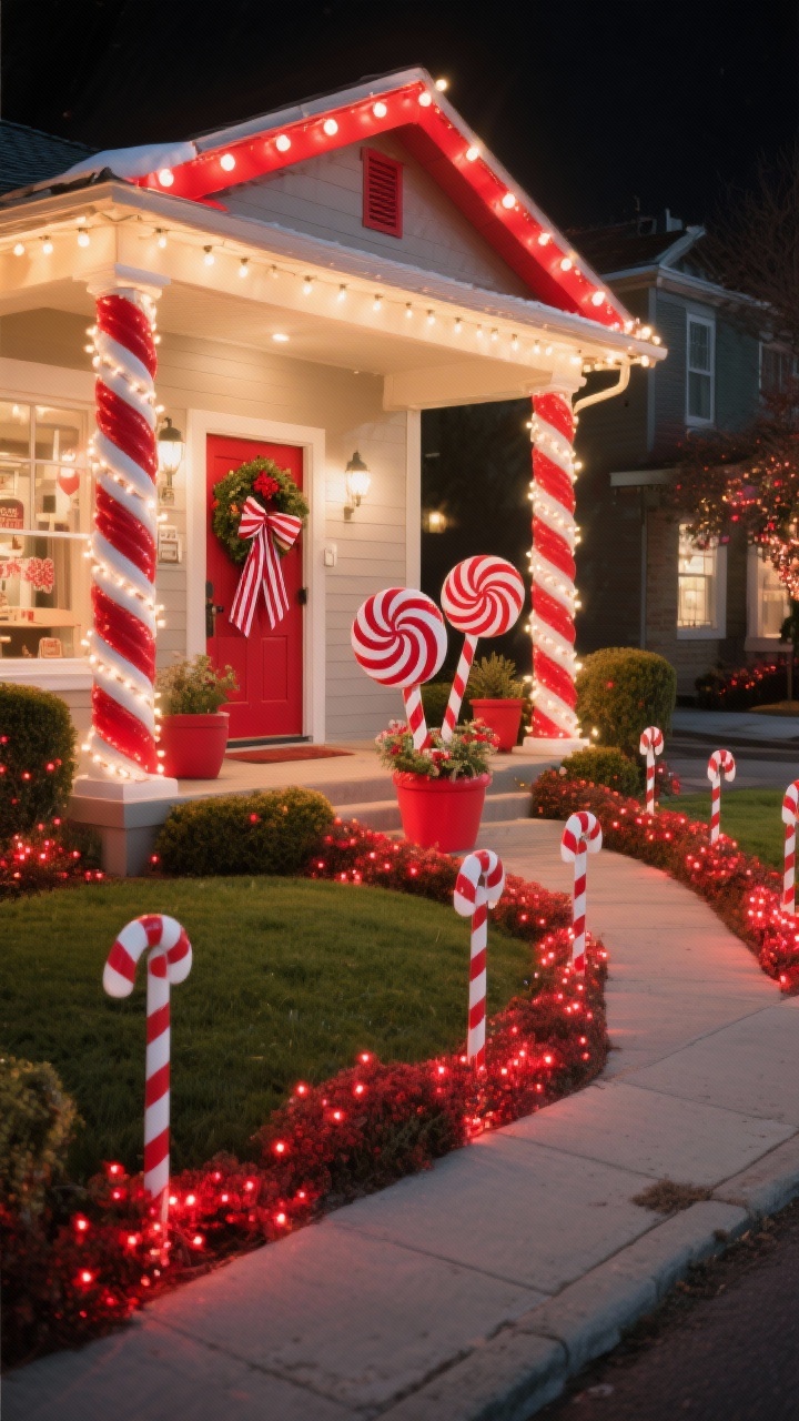 Wide, slightly elevated street-view nighttime shot emphasizing playful candy cane curb appeal: porch columns wrapped in red-and-white rope lights like candy canes; roofline outlined with alternating red and warm-white C9 bulbs; door featuring a striped ribbon-wrapped wreath; planters accented with peppermint stripes; walkway lined with candy cane stake lights evenly spaced; hedges sprinkled with red twinkle lights for animated sparkle; asymmetrical light-up peppermint lollipop cluster as the yard centerpiece; color palette red, white, warm white pops; mood cheerful, nostalgic storefront vibes; photorealistic, no people.