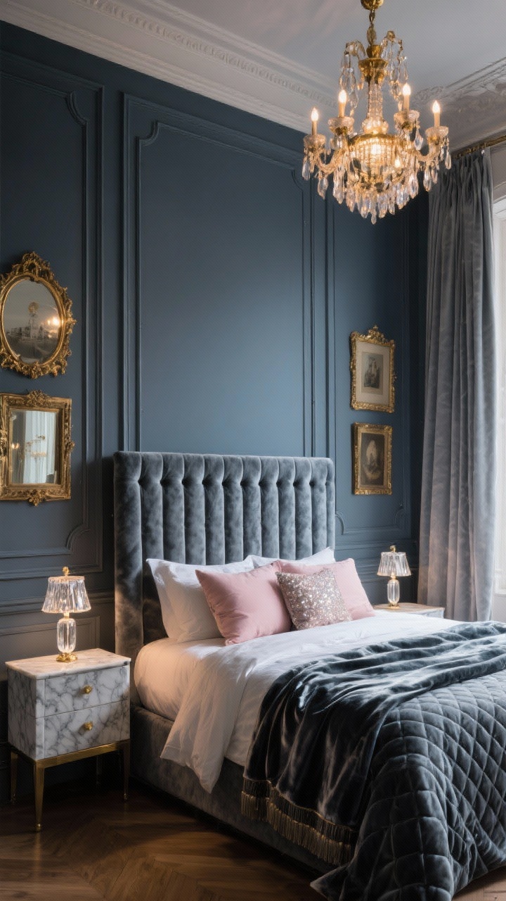 Wide, slightly low angle: Parisian glam bedroom with deep blue-tinged dark grey walls and applied molding/frame paneling in classic Haussmann style; a slate velvet channel-tufted bed with a tall headboard centered; metallic accents including antiqued brass mirrors, petite crystal lamps on marble-topped nightstands, and a gilded picture frame gallery; luxurious silky sateen bedding with a quilted velvet throw; floor-to-ceiling velvet drapes in dove grey; ornate brass chandelier as the focal light; subtle blush accent pillows; evening, softly sparkling lighting on velvet, marble, silk, and glass textures, photorealistic.