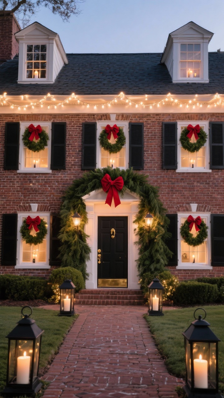 Wide, straight-on dusk shot of a symmetrical Colonial-style brick facade glowing with 2700K warm-white string lights tracing the roofline, battery-operated candle lights in every multi-pane window, boxwood wreaths with deep red velvet bows centered on each window, a full lush evergreen wreath on the front door with brass hardware, and a brick path lined with matte black metal lanterns holding flameless pillar candles; colors: warm white, evergreen, deep red, matte black; photorealistic, cozy postcard mood.