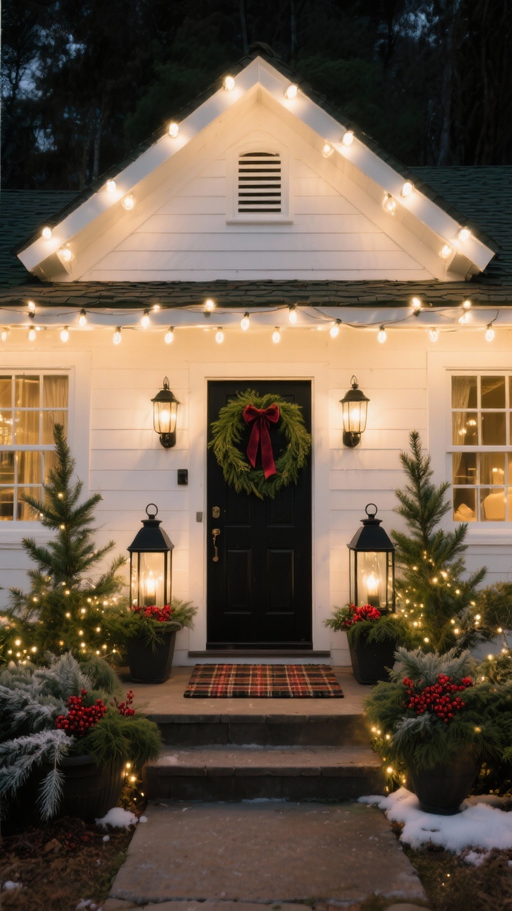 Wide, straight-on exterior night shot of a cozy cottage-style house outlined in warm-white C9 bulbs along the roofline, with matching warm-white lights framing windows and the front door like a ribbon; black metal lanterns glowing on each step, evergreen planters filled with pine, cedar, and red winterberry flanking the entry, micro-fairy lights woven through the greenery to twinkle like frost; plaid doormat and a cedar garland with velvet ribbon on the door; color palette warm white, forest green, touches of matte black; photorealistic, soft golden lodge-like glow, layered bulb sizes visible.