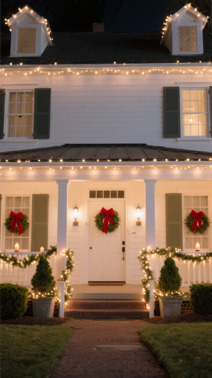 Wide, straight-on nighttime exterior of a Colonial-style house showcasing classic warm-white elegance: C9 warm-white bulbs cleanly tracing the roofline, gutters, and gables with perfect spacing; front porch wrapped with warm mini string lights woven through garland on railings and columns; simple window wreaths with deep red velvet bows and a single battery-powered candle glowing on each sill; symmetrical yard with two evergreen boxwood planters flanking the door, each filled with subtle fairy lights; two soft warm spotlights gently uplighting the facade; color palette warm white, evergreen, deep red; mood traditional, polished, holiday-card charm; photorealistic, no people.