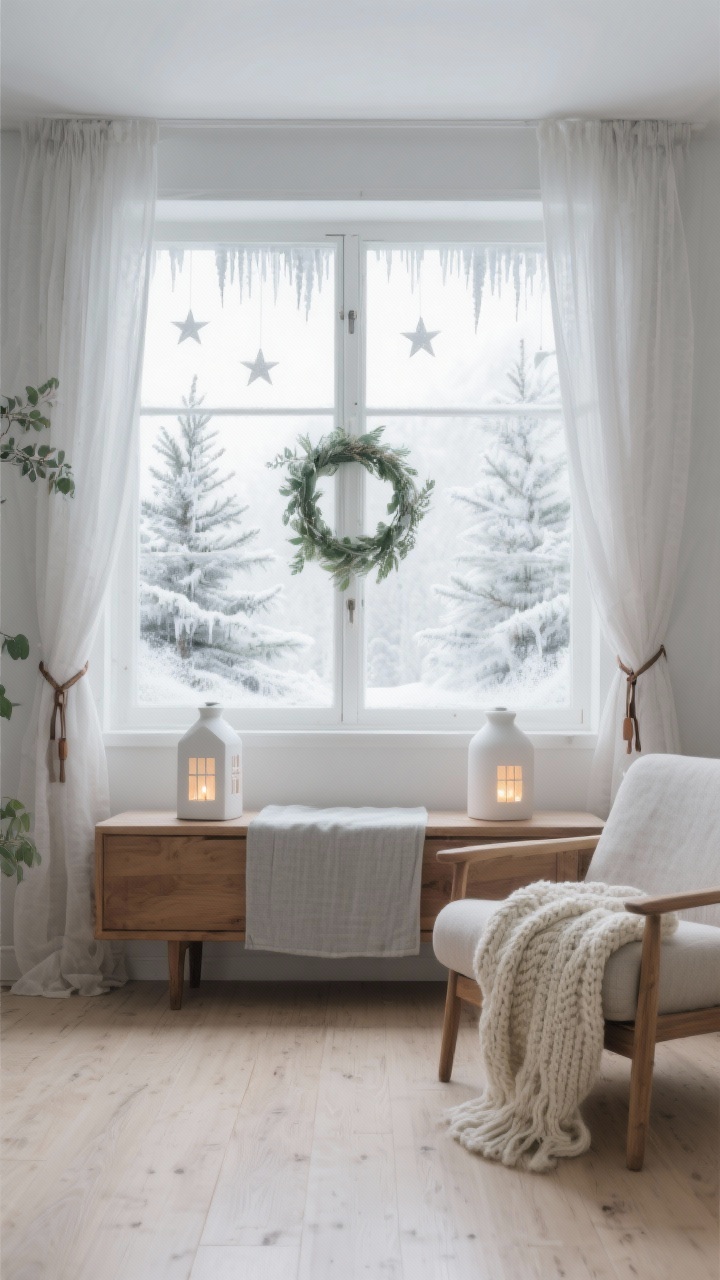 Wide, straight-on photorealistic living room shot titled “Nordic Frosted Minimalism”: daylight streaming through windows painted with delicate frosted fir branches, stars, and icicles spaced airy to let light pour in; beneath the window a natural oak console with two matte white ceramic house lanterns glowing with warm LED tea lights and a pale gray linen runner; a low-slung accent chair with a chunky knit throw in soft cream; palette of chalky whites, mist gray, and whisper green; gauzy sheer curtains pulled to either side with simple leather ties; an off-center slim Scandi eucalyptus wreath on the window frame; pale wood floor, minimal clutter, matte ceramics and pale woods emphasized, soft winter brightness, no people.